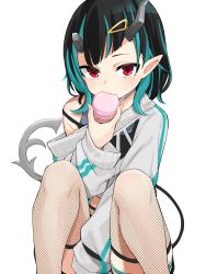  1girl black_hair blue_hair blush commentary_request demon_girl demon_horns demon_tail eating feet_out_of_frame fishnet_thighhighs fishnets flat_chest grey_sweater grey_tank_top hair_ornament hairclip highres horns long_sleeves looking_at_viewer medium_hair migchip multicolored_hair nanashi_inc. off_shoulder official_alternate_costume pointy_ears red_eyes shishio_chris shishio_chris_(2nd_costume) simple_background sitting solo strap_slip sugar_lyric sweater tail tank_top thighhighs two-tone_hair virtual_youtuber white_background 
