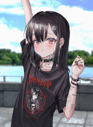 1girl absurdres arm_tattoo bad_id bad_twitter_id black_choker black_nails black_shirt blue_sky blush bracelet brown_hair character_print choker closed_mouth cross cross_choker day ear_piercing earclip earrings expressionless finger_tattoo fingernails forehead_tattoo gishiki_(gshk) hair_ornament hairclip hand_up highres jewelry latin_cross long_hair looking_at_viewer nail_polish neck_tattoo original outdoors piercing print_shirt red_eyes revision shirt short_sleeves sky smiley_face solo spiked_bracelet spikes tattoo upper_body rating:Sensitive score:15 user:danbooru