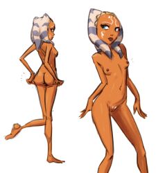  ahsoka_tano ass barefoot blue_eyes breasts cleft_of_venus highres lekku_(anatomy) lips nipples nude pussy simple_background sketch star_wars star_wars:_the_clone_wars third-party_source togruta white_background 