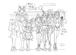  1990s_(style) 4girls :&gt; absurdres amazoness_quartet ass bare_legs bare_shoulders bishoujo_senshi_sailor_moon bishoujo_senshi_sailor_moon_supers breasts cerecere_(sailor_moon) character_sheet chibi_usa cleavage full_body hair_ornament hand_on_own_hip highres junjun_(sailor_moon) looking_at_viewer magical_girl medium_breasts miniskirt monochrome multiple_girls multiple_views navel official_art one_eye_closed pallapalla_(sailor_moon) retro_artstyle sailor_chibi_moon sailor_moon scan size_comparison size_difference sketch skirt toei_animation translation_request tsukino_usagi twintails v vesves_(sailor_moon) wide_hips wink 