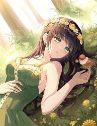  1girl absurdres bird brown_hair caron copyright_request dress green_dress green_eyes hand_on_own_stomach head_wreath highres looking_at_another lying on_back on_grass on_ground 