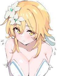  1girl bare_shoulders blonde_hair blush breasts cleavage closed_mouth collarbone commentary_request dress flower flying_sweatdrops genshin_impact hair_between_eyes hair_flower hair_ornament highres large_breasts looking_at_viewer lumine_(genshin_impact) short_hair short_hair_with_long_locks simple_background solo ukitaryu upper_body white_background white_dress white_flower yellow_eyes  rating:Sensitive score:19 user:danbooru