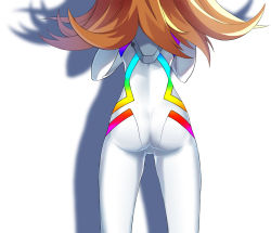  1girl ass bodysuit brown_hair evangelion:_3.0+1.0_thrice_upon_a_time feet_out_of_frame from_behind head_out_of_frame highres long_hair mrnn neon_genesis_evangelion plugsuit rainbow-color rainbow_order rebuild_of_evangelion simple_background skin_tight solo souryuu_asuka_langley standing thigh_gap white_background white_bodysuit wide_hips  rating:Sensitive score:29 user:danbooru