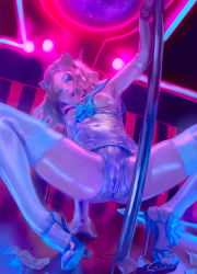  10s 1=2 1girl 2017 :q animal_ears banknote breastless_clothes breasts cameltoe ceiling dancing detached_sleeves dutch_angle fake_animal_ears from_below high_heels highres indoors licking_lips long_hair looking_at_viewer money neon_lights open_shoes original pole pole_dancing sailor_collar shoes small_breasts solo spread_legs stiletto_heels sweat swimsuit tagme thighhighs tongue tongue_out weapon  rating:Questionable score:279 user:scatoro