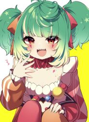  1girl absurdres aqua_nails blush breasts cleavage clown collarbone coni_confetti facial_mark fingernails green_hair hand_on_own_knee highres idol_corp laughing looking_at_viewer open_mouth red_eyes sharp_fingernails sharp_teeth short_twintails simple_background squatting teeth tongue twintails undeadwolfn7 upper_teeth_only virtual_youtuber white_background yellow_background 