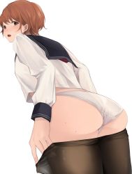  1girl absurdres akito_(d30n26) ass black_pantyhose blush brown_eyes clothes_pull commentary_request cowboy_shot highres light_blush long_sleeves looking_at_viewer looking_back mole mole_on_ass nagi_(akito) no_pants open_mouth orange_hair original panties pantyhose pantyhose_pull sailor_collar school_uniform serafuku shirt short_hair simple_background solo underwear undressing wedgie white_background white_panties white_shirt  rating:Sensitive score:35 user:danbooru