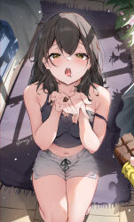  1girl barefoot black_hair black_shirt blush breasts candy chocolate chocolate_bar commentary_request covered_navel crop_top cupping_hands day double-parted_bangs feet food furrowed_brow grey_shorts hair_between_eyes half-closed_eyes highres holding holding_food honkai:_star_rail honkai_(series) indoors kneeling long_hair looking_at_viewer medium_breasts midriff navel open_mouth own_hands_together plant potted_plant pov pov_hands saliva sexually_suggestive shadow shirt short_shorts shorts sleeveless sleeveless_shirt solo_focus stelle_(honkai:_star_rail) strap_slip sunlight teeth toes tongue trailblazer_(honkai:_star_rail) twitter_username upper_teeth_only vincent_leo yellow_eyes  rating:Questionable score:23 user:danbooru