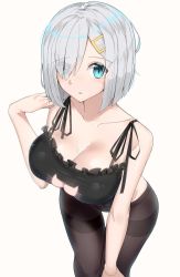 10s 1girl bad_id bad_pixiv_id black_bra black_pantyhose blue_eyes bra breasts cat_cutout cleavage clothing_cutout crotch_seam eyes_visible_through_hair hair_ornament hair_over_one_eye hairclip hamakaze_(kancolle) highres kantai_collection large_breasts leaning_forward looking_at_viewer meme_attire pantyhose parted_lips short_hair silver_hair simple_background solo suzuharu_toufu thighband_pantyhose underwear underwear_only rating:Sensitive score:19 user:danbooru