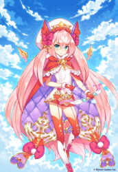  1girl :o age_of_ishtaria anteros_(age_of_ishtaria) arrow_(projectile) blue_sky bow bow_(weapon) cape cloud copyright_notice dress frills gloves green_eyes hair_bow hat highres looking_at_viewer mini_wings munlu_(wolupus) official_art pink_hair red_bow red_cape red_gloves red_headdress red_thighhighs sky solo thighhighs weapon white_dress white_hat wings 