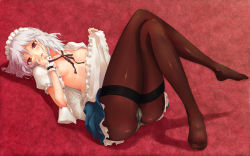  1girl apron ass braid breasts cleavage crotch_seam feet female_focus highres izayoi_sakuya kuku_px legs lying maid maid_apron maid_headdress on_back open_mouth panties panties_under_pantyhose pantyhose red_eyes shirt short_hair silver_hair small_breasts solo thighband_pantyhose touhou twin_braids underwear wallpaper  rating:Questionable score:52 user:danbooru