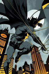  1boy abs absurdres batman batman_(series) belt black_cape bodysuit bruce_wayne building cape city clenched_hands clock clock_tower commentary cowl dan_mora dc_comics english_commentary full_moon grey_bodysuit grey_sky highres holding holding_rope horns male_focus mask moon muscular muscular_male night night_sky outdoors rope sky skyscraper solo superhero_costume tower utility_belt white_eyes 