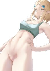  1girl blonde_hair bottomless breasts cleft_of_venus commentary dutch_angle english_commentary green_eyes green_sports_bra hair_ornament hairclip hand_on_own_hip highres looking_at_viewer medium_breasts navel nintendo parted_bangs pointy_ears pomelomelon princess_zelda pussy short_hair sidelocks simple_background solo sports_bra the_legend_of_zelda the_legend_of_zelda:_tears_of_the_kingdom uncensored white_background  rating:Explicit score:112 user:danbooru