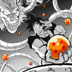  1boy commentary dougi dragon dragon_ball dragon_ball_(object) dragonball_z english_commentary highres holding_dragon_ball lewdamone looking_at_another male_focus muscular muscular_male partially_colored sharp_teeth shenron_(dragon_ball) shirt smile son_goku spiked_hair teeth upper_body 