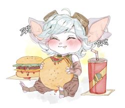  1girl blue_skin blush colored_skin drink eating closed_eyes food goggles goggles_on_head burger highres league_of_legends pointy_ears short_hair tristana white_hair yordle  rating:Sensitive score:10 user:twilight_jester