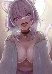  1girl @-you_(you_2023_8_16) ahoge animal_ear_fluff animal_ears black_collar breasts breasts_day cat_ears cat_girl cat_tail collar good_breasts_day highres hololive large_breasts looking_at_viewer medium_hair naked_shirt navel nekomata_okayu nekomata_okayu_(oversized_shirt) official_alternate_costume open_clothes open_mouth open_shirt purple_eyes purple_hair shirt smile solo tail virtual_youtuber white_shirt  rating:Questionable score:57 user:danbooru