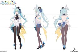  1girl :d animal_ears aqua_hair arm_cuffs asymmetrical_hair bare_shoulders black_footwear black_pantyhose blonde_hair blue_bow blue_eyes blue_hair bow breasts brooch chain character_sheet choppy_bangs fake_animal_ears fangs full_body gold_chain hair_ornament hat high_heels highleg highleg_leotard highres jewelry kaminari_clara karory leotard light_blue_hair lightning_bolt-shaped_pupils lightning_bolt_symbol long_hair mask masquerade_mask medium_breasts mini_hat mini_top_hat multicolored_hair official_art open_mouth pantyhose phase_connect phase_connect_jp rabbit_ears second-party_source side_ponytail sidelocks smile solo standing symbol-shaped_pupils top_hat two-tone_hair virtual_youtuber waist_cape white_background white_leotard wrist_cuffs 