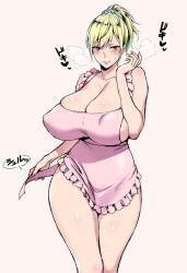 1girl :&gt; apron bare_shoulders blonde_hair blush breasts cleavage collarbone covered_erect_nipples curvy female_focus gender_request genderswap gigantic_breasts hair_ornament huge_breasts looking_at_viewer naked_apron no_bra ponytail pussy_juice richard_(tales) short_ponytail simple_background smile solo standing sweat tales_of_(series) tales_of_graces usagi_nagomu white_background yellow_eyes rating:Explicit score:142 user:Xander