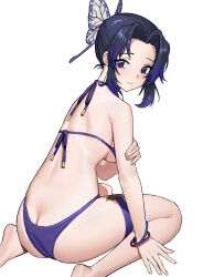  1girl absurdres ass barefoot bikini black_bikini black_hair blush breasts butt_crack butterfly_hair_ornament closed_mouth from_behind gradient_hair hair_ornament hand_on_own_arm highres kimetsu_no_yaiba kochou_shinobu large_breasts looking_at_viewer looking_back multicolored_hair northman purple_eyes purple_hair short_hair sidelocks simple_background sitting smile solo swimsuit thigh_strap underboob wariza white_background wristband  rating:Questionable score:43 user:danbooru
