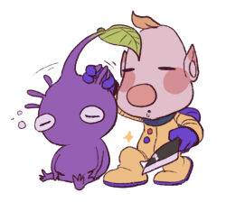  1boy backpack bag big_nose blonde_hair blue_bag blue_gloves blush_stickers buttons closed_eyes commentary_request drooling gloves holding holding_another&#039;s_hair holding_knife knife leaf louie_(pikmin) nintendo no_headwear no_mouth open_mouth pikmin_(creature) pikmin_(series) pointy_ears purple_hair purple_pikmin short_hair simple_background sitting sleeping spacesuit sparkle squeans usuba_(hatomugip) very_short_hair white_background 