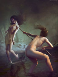  2girls ass back barefoot battle black_hair blood blood_on_face breasts brown_hair cross dark death earrings fangs feet from_behind glowing glowing_eyes grave hair_ornament head_tilt impaled jewelry leaning legs lifting_person lily_pad long_hair multiple_girls nightgown nude open_mouth original polearm ponytail randis realistic red_eyes reflection ripples sideboob soaking_feet spear stab toes tree vampire veins violence wading water weapon  rating:Questionable score:157 user:danbooru