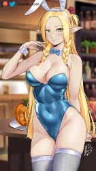  1girl animal_ears blonde_hair blue_bow blue_bowtie blue_leotard blurry blurry_background bow bowtie braid breasts cleavage closed_mouth covered_navel damobelmont detached_collar dungeon_meshi elf fake_animal_ears green_eyes grey_thighhighs highleg highleg_leotard highres indoors large_breasts leotard light_smile long_hair looking_at_viewer marcille_donato playboy_bunny pointy_ears pumpkin rabbit_ears signature solo thighhighs twin_braids white_wrist_cuffs wrist_cuffs  rating:Sensitive score:34 user:danbooru