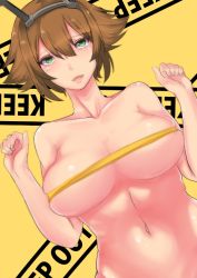 10s 1girl breasts brown_hair caution_tape dutch_angle erimiko green_eyes hairband kantai_collection keep_out large_breasts looking_at_viewer mutsu_(kancolle) navel nude open_mouth short_hair solo upper_body rating:Questionable score:26 user:danbooru