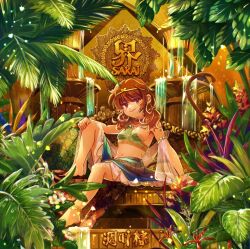  1girl album_cover alternate_costume bare_shoulders barefoot blue_skirt breasts brown_hair circlet cover detached_sleeves earrings hanada_hyou jewelry looking_at_viewer monkey_tail plant sitting skirt smile solo son_biten tail touhou 
