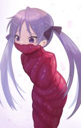  1girl bdsm bondage bound cocoon gagged highres hiiragi_kagami lucky_star purple_eyes purple_hair raftetram restrained ribbon solo sweat tentacles twintails  rating:Explicit score:40 user:CurePeaceCorruptor