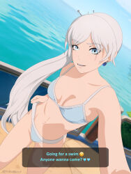  1girl bikini blue_bikini blue_eyes breasts commentary day earrings english_commentary english_text hair_ornament jewelry long_hair looking_at_viewer navel necromalock ocean outdoors outstretched_arm paid_reward_available painttool_sai_(medium) parted_lips rwby scar scar_across_eye scar_on_face selfie side_ponytail small_breasts solo speech_bubble stomach swimsuit very_long_hair water weiss_schnee white_hair 