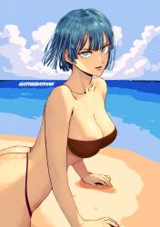  1girl beach bikini blue_hair breasts cloud colorized fubuki_(one-punch_man) green_eyes gxthebatman large_breasts medium_breasts one-punch_man pale_skin solo swimsuit watermark 