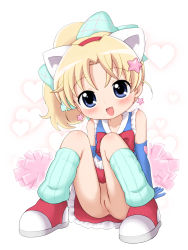 1girl :d animal_ears arm_support bare_shoulders blonde_hair blue_eyes blue_gloves blush cat_ears cat_girl cheerleader cleft_of_venus crop_top earrings elbow_gloves fang female_focus full_body full_cleft gloves hair_ornament hair_ribbon hairband hairclip happy heart heart_background highres jewelpet_(series) jewelpet_twinkle jewelry knees_up lasto leg_warmers loli long_hair looking_at_viewer miria_marigold_mackenzie no_panties open_mouth pom_pom_(cheerleading) ponytail pussy ribbon shoes simple_background sitting skirt sleeveless smile solo star_(symbol) star_earrings star_hair_ornament uncensored upskirt white_background rating:Explicit score:175 user:sytalidis