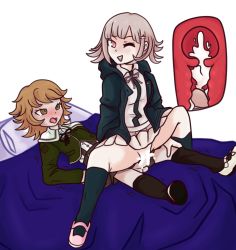  1boy 1girl bed blush breasts brown_hair clothed_sex commission cross-section crossdressing cum cum_in_pussy danganronpa:_trigger_happy_havoc danganronpa_(series) danganronpa_2:_goodbye_despair femdom flat_chest fujisaki_chihiro girl_on_top green_eyes grey_hair happy hetero highres jacket looking_back medium_breasts nanami_chiaki no_panties one_eye_closed open_mouth penis pink_eyes pussy reverse_cowgirl_position riding sex sex_from_behind shaking skirt socks straddling thick_thighs thighs tongue transparent_background trap trap_on_female trap_with_female wink  rating:Explicit score:79 user:RikkaRitsu