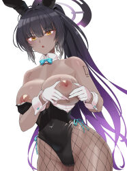  1girl animal_ears black_hair black_leotard blue_archive blue_bow blue_bowtie bow bowtie breasts breasts_out covered_navel curvy dark-skinned_female dark_skin detached_collar fake_animal_ears fishnet_pantyhose fishnets gloves grabbing_own_breast halo high_ponytail highleg highleg_leotard highres karin_(blue_archive) karin_(bunny)_(blue_archive) large_breasts leotard long_hair nipples number_tattoo official_alternate_costume pantyhose playboy_bunny rabbit_ears shiny_clothes shiny_skin shoulder_tattoo solo strapless strapless_leotard supurai tattoo traditional_bowtie very_long_hair white_background white_gloves wide_hips wrist_cuffs yellow_eyes  rating:Questionable score:42 user:danbooru
