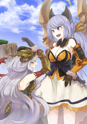10s 4girls :d absurdres afterimage angry animal_ears ao_(aocooler) armor bare_shoulders black_gloves blue_sky breastplate breasts brown_ribbon cat_ears cleavage cliff closed_eyes cloud cloudy_sky day dress elbow_gloves gloves granblue_fantasy hair_ribbon headpat height_difference highres hitting large_breasts light_purple_hair long_hair low_twintails lyria_(granblue_fantasy) medusa_(shingeki_no_bahamut) multiple_girls open_mouth outdoors outline purple_eyes red_gloves ribbon satyr_(granblue_fantasy) shingeki_no_bahamut skull sky smile snake snake_hair striped_ribbon tree twintails vambraces very_long_hair rating:Sensitive score:9 user:danbooru