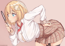  1girl bent_over blonde_hair blue_eyes blush breasts brown_background cowboy_shot garter_straps hair_ornament hand_on_own_hip hanging_breasts hololive hololive_english kanachirou large_breasts long_sleeves looking_away magnifying_glass necktie open_clothes open_shirt parted_lips red_necktie simple_background single_garter_strap solo twitter_username virtual_youtuber watson_amelia watson_amelia_(1st_costume)  rating:Sensitive score:131 user:danbooru