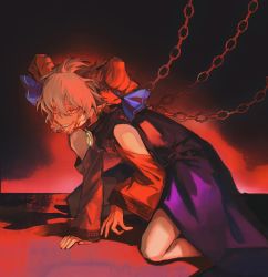  1girl ahoge bare_shoulders black_background blood blood_on_face blue_ribbon chain closed_mouth detached_sleeves dress floor grey_hair hair_between_eyes highres horn_ornament horn_ribbon horns long_sleeves looking_to_the_side mandarin_collar pointy_ears purple_dress red_background red_eyes red_sleeves ribbon seiza sharp_teeth short_hair sitting smile solo teeth tokinhr touhou toutetsu_yuuma wide_sleeves  rating:General score:5 user:danbooru