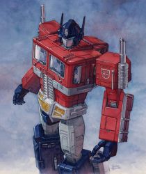  1980s_(style) autobot from_above glowing hector_trunnec highres insignia machine machinery mecha motor_vehicle no_humans oldschool optimus_prime painting_(medium) retro_artstyle robot science_fiction signature traditional_media transformers truck watercolor_(medium)  rating:Sensitive score:13 user:danbooru