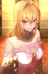  1girl absurdres ahoge angelica_rafa_redgrave blonde_hair blurry blurry_background blurry_foreground blush breasts choker cleavage commission covered_collarbone double-parted_bangs dress earrings frilled_choker frilled_dress frills gem grin hair_between_eyes hair_intakes hair_ornament highres holding_hands jewelry long_hair looking_at_viewer otome_gee_sekai_wa_mob_ni_kibishii_sekai_desu pink_choker pink_dress pov pov_hands red_eyes red_gemstone see-through see-through_cleavage see-through_dress sidelocks smile zuraa_(naunau_seijin) 
