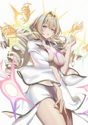  1girl artofmiin blonde_hair blue_eyes breasts crown_(naked_king)_(nikke) crown_(nikke) diadem disembodied_limb drill_hair goddess_of_victory:_nikke grin hair_ornament headgear large_breasts long_hair looking_at_viewer open_clothes open_shirt shirt smile solo white_shirt 