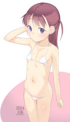  1girl arm_behind_head bikini breasts cameltoe dated eyelashes halterneck highres loli long_hair looking_at_viewer multicolored_background navel original paid_reward_available parted_hair purple_eyes purple_hair small_breasts solo stomach swimsuit two_side_up white_bikini yone_kinji 