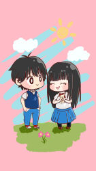  1boy 1girl :d absurdres animal black_eyes black_hair black_socks blue_pants blue_skirt blue_sweater_vest blush bow bowtie bright_pupils brown_footwear chibi child&#039;s_drawing closed_eyes closed_mouth cloud collared_shirt commentary day dog facing_another full_body grass hands_on_own_hips happy haru_(ahnu.bis) highres holding holding_animal holding_dog kazehaya_shouta kimi_ni_todoke kuronuma_sawako light_blue_background long_hair looking_at_another on_grass open_mouth outdoors pants pink_background pleated_skirt puppy red_bow red_bowtie red_footwear school_uniform shadow shirt shoes short_hair short_sleeves skirt smile socks standing summer_uniform sun sweater_vest two-tone_footwear untucked_shirt v-neck white_footwear white_pupils white_shirt 