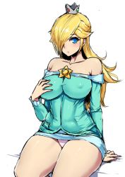  bare_shoulders bed blonde_hair blue_eyes grabbing_another&#039;s_breast breasts brooch cleavage collarbone crown dress grabbing hair_over_one_eye huge_breasts ishimiso_(ishimura) jewelry long_hair mario_(series) nintendo panties pantyshot rosalina short_dress sitting star_(symbol) super_mario_bros._1 super_mario_galaxy thick_thighs thighs underwear  rating:Questionable score:142 user:OnyxSwift