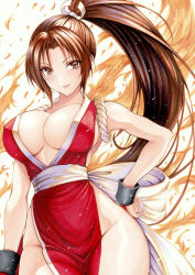  1girl bare_arms breasts brown_eyes brown_hair cleavage closed_mouth fatal_fury fire groin hair_intakes hand_on_own_hip high_ponytail highres japanese_clothes kimono large_breasts long_hair looking_at_viewer ninja pelvic_curtain plunging_neckline red_kimono sash shiranui_mai side_slit sideboob snk solo the_king_of_fighters thighs traditional_media wrist_cuffs yosaku_vs_hina 