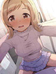  1boy 1girl blue_skirt blush breasts brown_eyes brown_hair commentary_request girl_on_top grey_sweater highres idolmaster idolmaster_shiny_colors indoors long_sleeves looking_at_viewer medium_breasts open_mouth pov sakuragi_mano seneto skirt solo sweater turtleneck wavy_mouth  rating:Sensitive score:91 user:danbooru