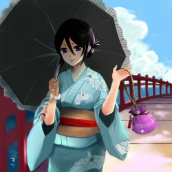  black_hair bleach blue_eyes japanese_clothes kimono kuchiki_rukia purple_eyes robe umbrella yukata  rating:Sensitive score:14 user:pchan