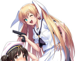  1boy 1girl ;d alternate_costume alternate_hairstyle aqua_eyes ascot black_ascot blonde_hair blush commentary company_connection cowboy_shot gun hair_between_eyes hair_ribbon hand_on_own_hip hand_up handgun happy hat head_only holding holding_gun holding_weapon key_(company) little_busters! long_hair looking_at_viewer naoe_riki nose_blush one_eye_closed open_mouth puffy_short_sleeves puffy_sleeves ribbon round_teeth sailor_collar sailor_hat school_uniform shirt short_hair short_sleeves simple_background skirt smile solo_focus straight_hair summer_pockets teeth tokido_saya two_side_up upper_teeth_only very_long_hair weapon white_background white_headwear white_ribbon white_sailor_collar white_shirt white_skirt zen_(kamuro) 