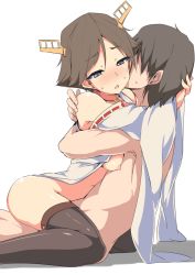10s 1boy 1girl admiral_(kancolle) bad_id bad_pixiv_id black_thighhighs blue_eyes blush breasts brown_hair clothed_female_nude_male collar detached_sleeves girl_on_top happy_sex hetero hiei_(kancolle) hug implied_sex kantai_collection ky. nipples no_bra no_legwear nude sex short_hair simple_background straddling sweat thighhighs upright_straddle vaginal white_background rating:Explicit score:85 user:danbooru
