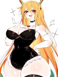  blonde_hair blush breasts cleavage dragon_girl dragon_horns dragon_tail fang hand_on_own_chest hand_on_own_hip highres horns kobayashi-san_chi_no_maidragon large_breasts long_hair looking_at_viewer multicolored_hair orange_hair red_eyes slit_pupils smile smug tail thick_thighs thighs tohru_(maidragon) usa37107692 wide_hips  rating:Sensitive score:43 user:Zbidiboui