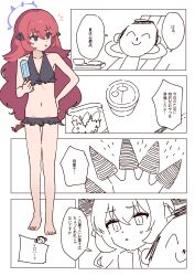  1boy 1girl 5koma absurdres alternate_costume doodle_sensei_(blue_archive) bare_legs bikini bikini_skirt black_bikini blanchat blue_archive bugles bugles_(food) bugles_on_fingers comic commentary crab flat_chest food full_body grey_eyes halo highres ice_cream_cup iroha_(blue_archive) long_hair lying nail_polish navel on_back popsicle red_hair red_nails sensei_(blue_archive) sketch slit_pupils snack spot_color standing stomach sweatdrop swimsuit toenail_polish toenails tongue tongue_out translated very_long_hair wavy_hair 