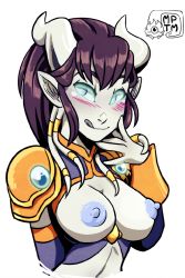  1girl blush borrowed_character breasts cleavage colored_skin detached_sleeves draenei green_eyes monara_(dr_graevling) my_pet_tentacle_monster nipples open_clothes pointy_ears puffy_nipples purple_hair purple_skin short_hair solo third-party_edit warcraft  rating:Explicit score:43 user:Kotsu
